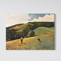 Painting of a man and a dog walking on a hillside with rolling green hills and a blue sky.