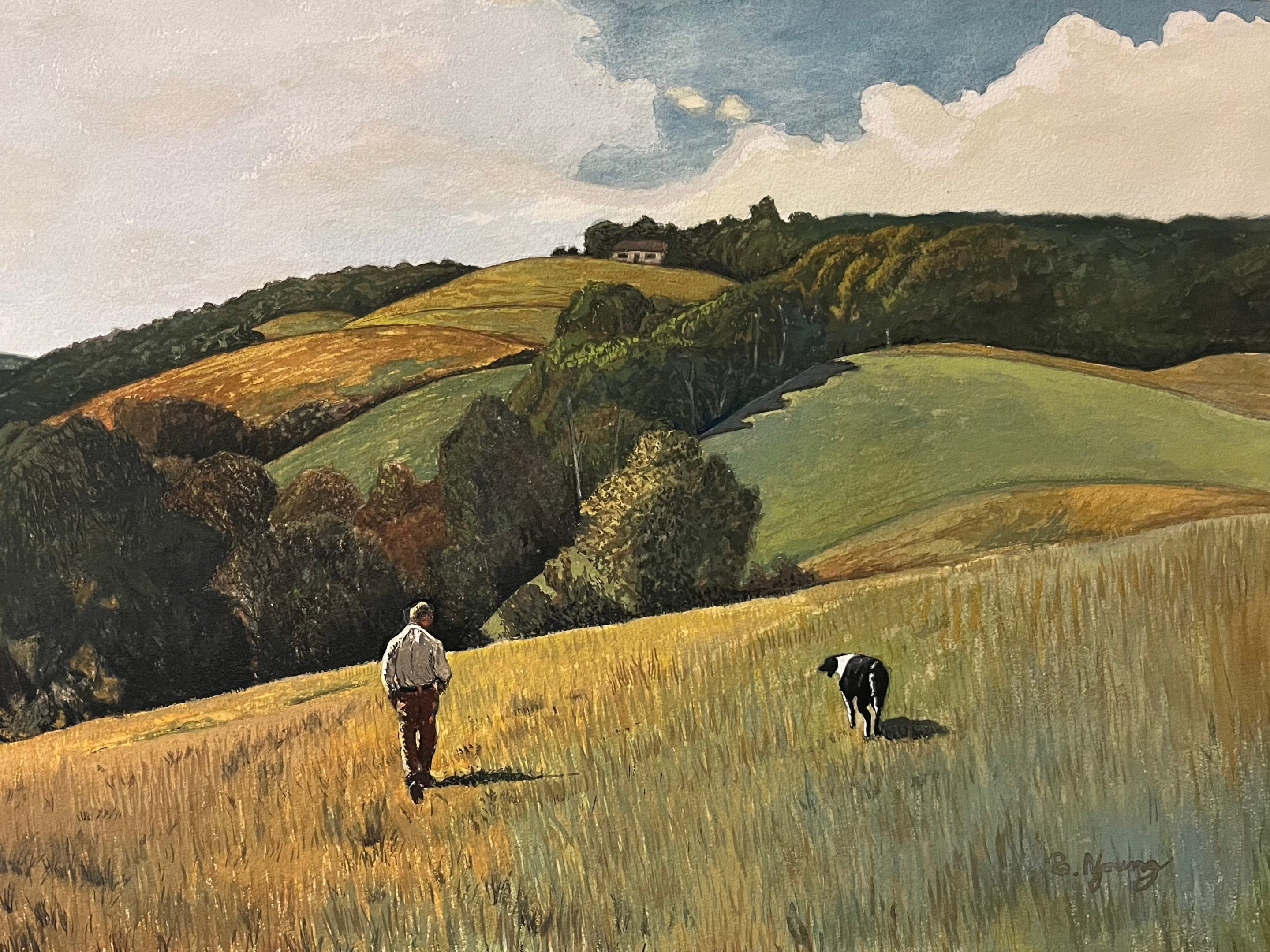 Painting of a man walking a dog in a hilly landscape