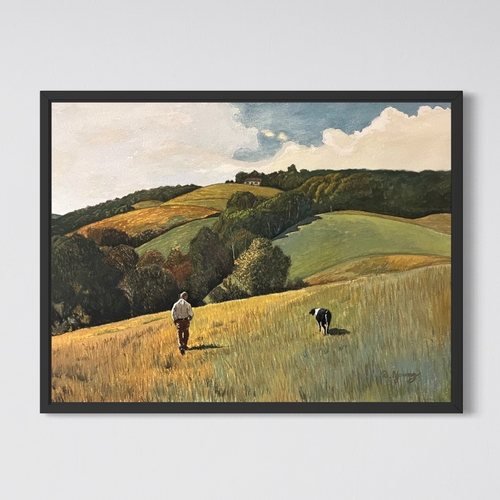 Framed painting of a man and dog walking through a countryside landscape.