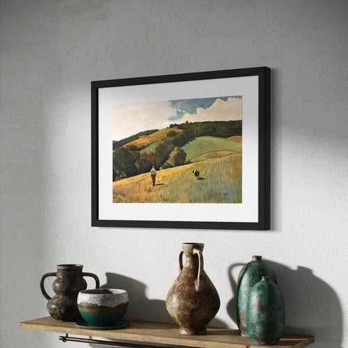 Framed landscape painting on a wall with rustic vases below